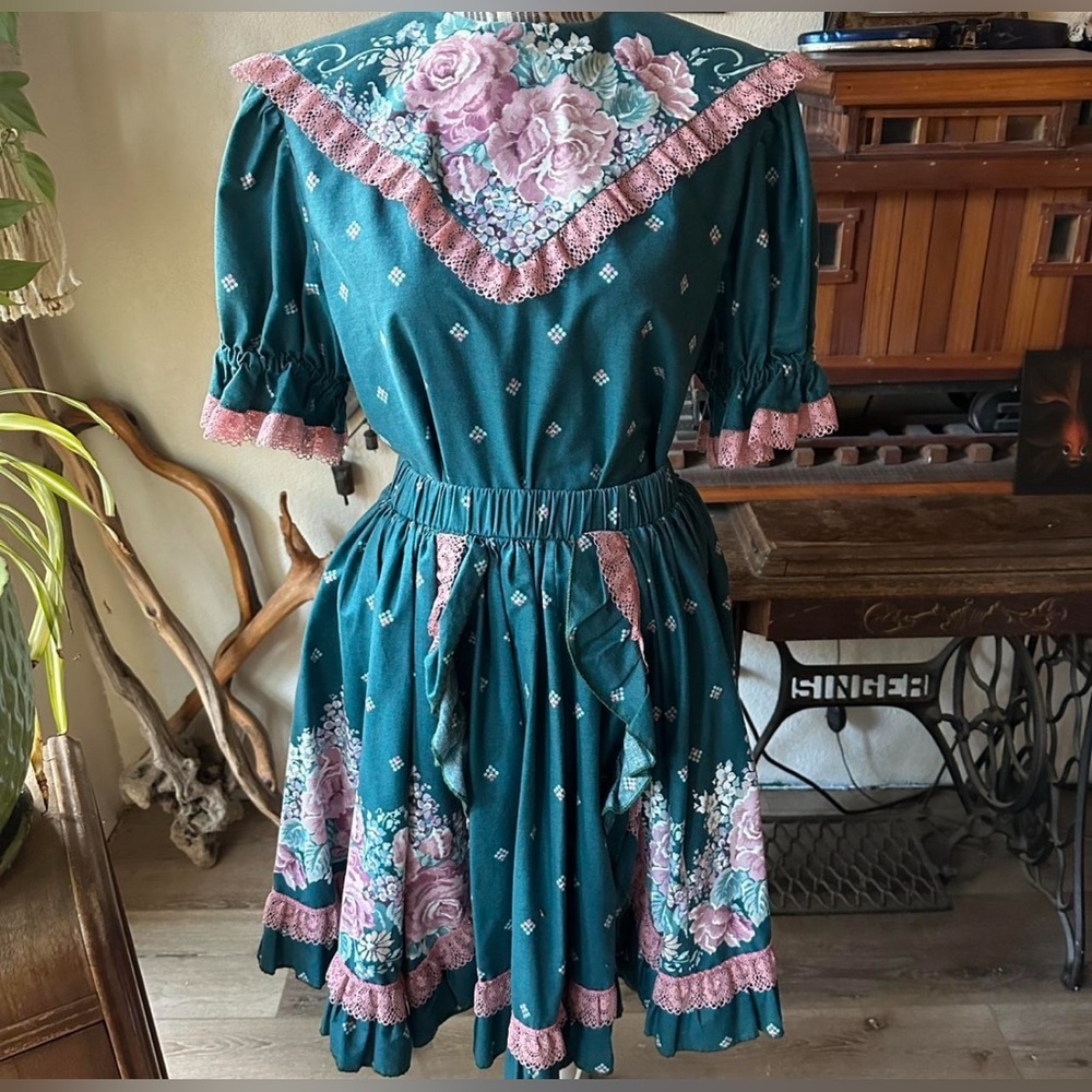 Vintage 80s Cotton Hand Made 2 Piece Western Dancing Set Size L Fit And Flare - Picture 1 of 9
